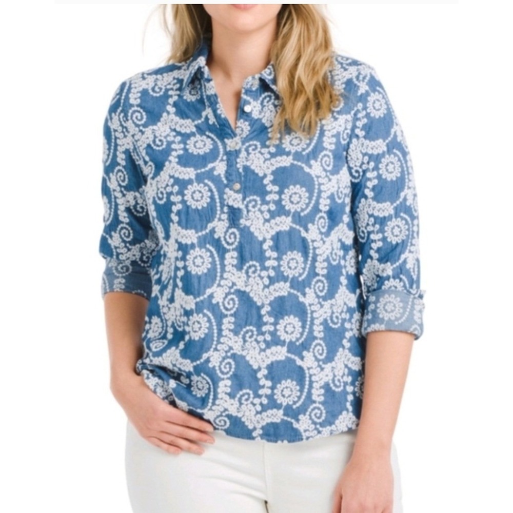 Given Kale Top Women XS Blue Floral Embroidered Denim‎ Henley Boho Long Sleeve